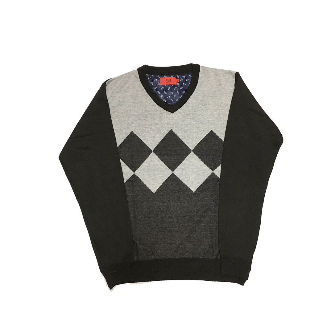 Elie Balleh Black & Gray Engineered Argyle V-Neck Sweater