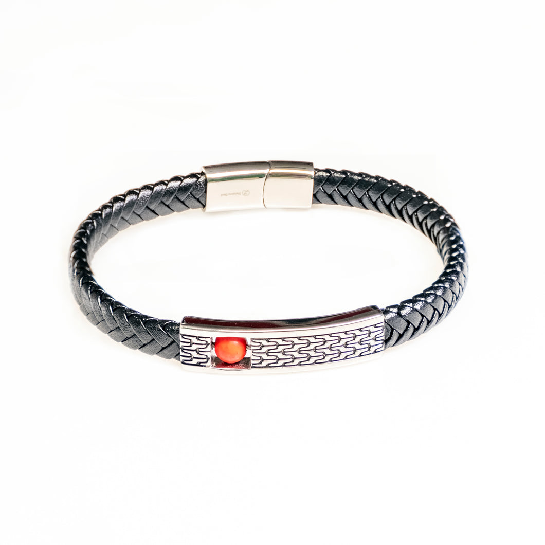 Jean Claude Black Leather Bracelet With Red Coral Insert